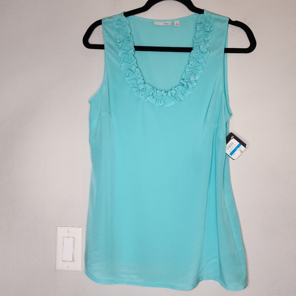 NWT Halogen 100% Silk Sleeveless Blouse Ruffle Scoop Neck Medium Glacier Blue